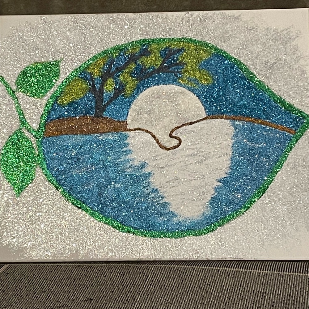 Glitter handmade art painting leaf and moon over lake